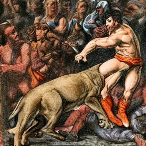 Prompt: hero wrestling against a lion in the middle of an arena, crowd of people sitting down in the stands, pencil art, added detail, high definiton, colored, aerial view