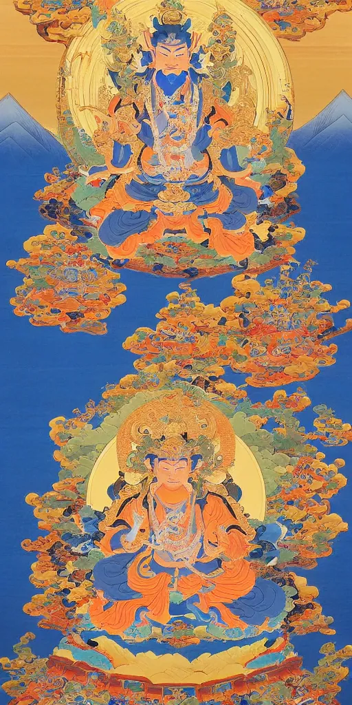 Prompt: a Beautifully exquisite WUKONG Thangka, with intricate details and bright colors. The background is a deep blue, with mountains and clouds. The thangka is framed in a gold border, from which rays of light are emanating, by WU DAOZI, zhang xuan, qiu ying, Chris Saunders,