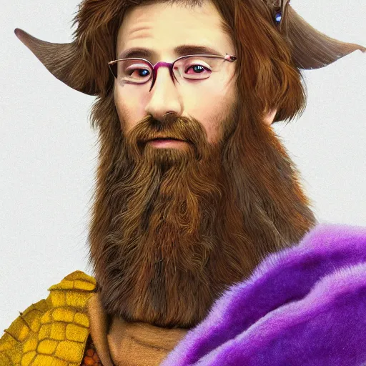 Image similar to A professional digital portrait painting of a hippie D&D druid, painted by Wes Anderson, painted by Hayao Miyazaki, dressed in light armor, 4k, digital art, trending on cgsociety, highly detailed, head and shoulders shot, shallow depth of field, purple and yellow lighting, professional lighting, airbrush,