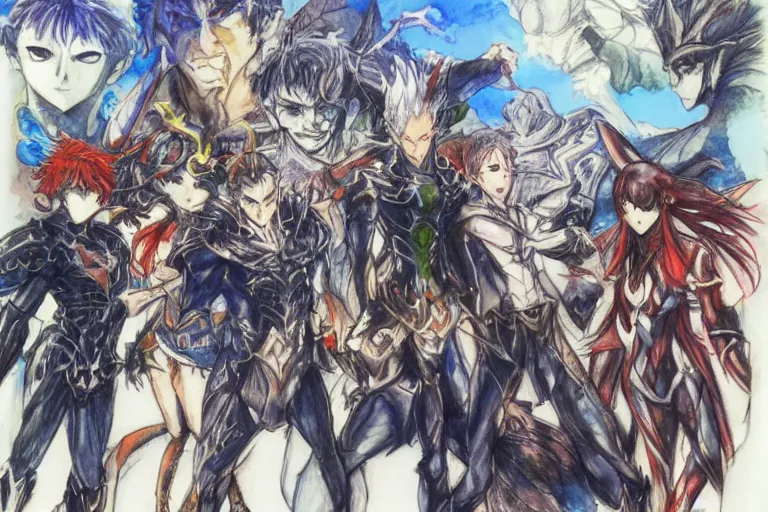 Prompt: A group of fantasy heroes with fantasy scenery on the background by Yoshitaka Amano and Shigenori Soejima, Atlus, concept art, crayons and watercolor sketch