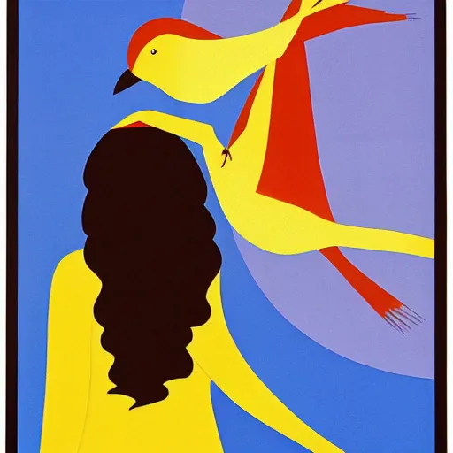 Image similar to Land art. a woman is shown from behind, her body slightly blurred as if in motion. Her long hair cascades down her back, and she is holding a small bird in her hand. alegria 'corporate memphis', foil art by Debbie Criswell, by Richard Hamilton bold, minimalist