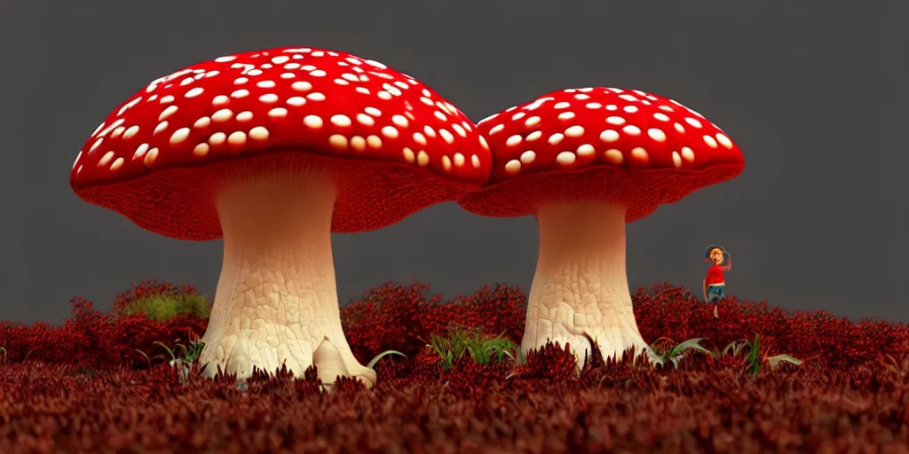 Image similar to a 3 d render of an amanita muscaria mushroom giant with tiny people below looking up at it,