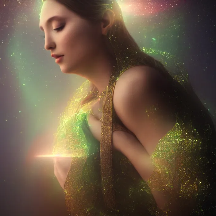 Image similar to an ethereal portrait of a goddess with divine feminine energy, surrounded by luminescent light, dark nature background, hyper - realistic, photo render, extremely detailed