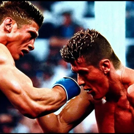 Prompt: movie still of cristiano ronaldo as ivan drago knocking out rocky balboa in rocky 4,