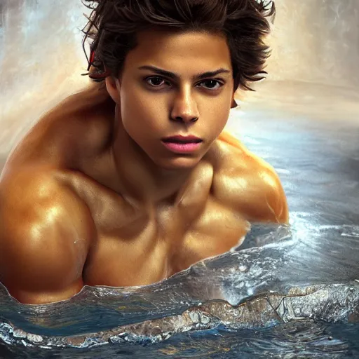 Prompt: a full head photoshot, detailed photograph of skinny young jake t. austin as a warrior in a shallow pool of water, photorealism ultradetailed digital art, irina french, heraldo ortega, mandy jurgens, golden ratio, art canvas, award winning, masterpiece trending on artstation 8 k 1 5 0 mpx, hasselblade wide shot