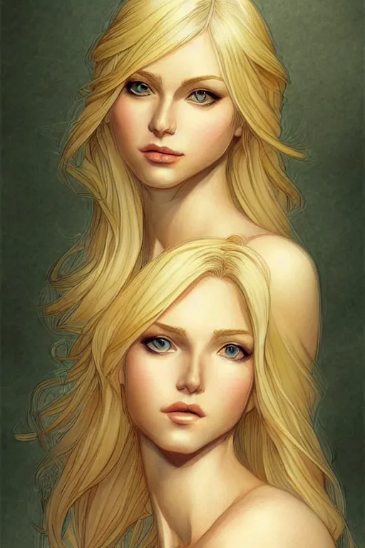 Image similar to a beautiful blond goddess girl, fantasy, portrait, sharp focus, intricate, elegant, digital painting, artstation, matte, highly detailed, concept art, illustration, ambient lighting, art by milo manara