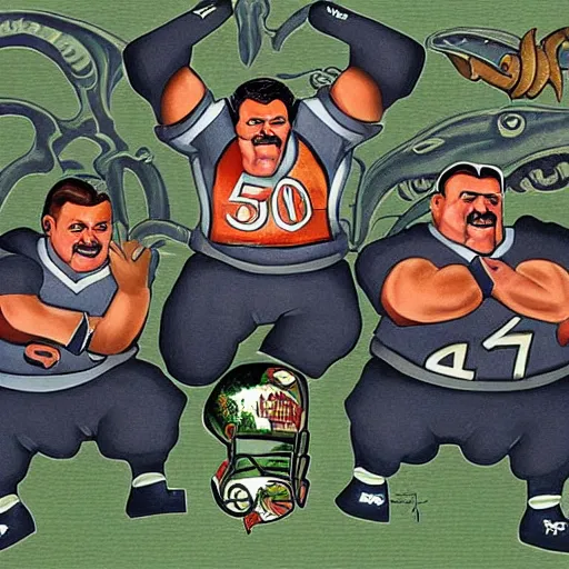 Prompt: Football players Butkus, Ditka, Walter Payton, as chefs inside Cthulhu, in the style of Diego Rivera