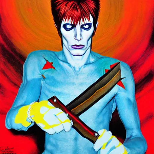 Prompt: Ziggy Stardust holding a Bowie knife, james jean, fist