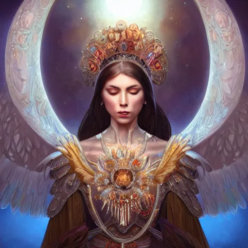 Image similar to A beautiful digital painting of a female Seraphim full of jewels, princess, the moon behind her, intricate, cinematic lighting, highly detailed, digital painting, Artstation, concept art, smooth, sharp focus, illustration, art by Tom Bagshaw, Artgerm and Greg Rutkowski