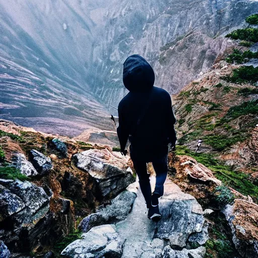 Image similar to person with hoodie walking up a mountain with a backpack that has katanas on the sides by carrie south, anime, amazing composition, astonishing detail, smooth lines, beautiful scenery