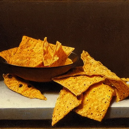 Prompt: Realistic still life of a bowl of doritos, mountain dew, by Fantin-Latour, 1866,