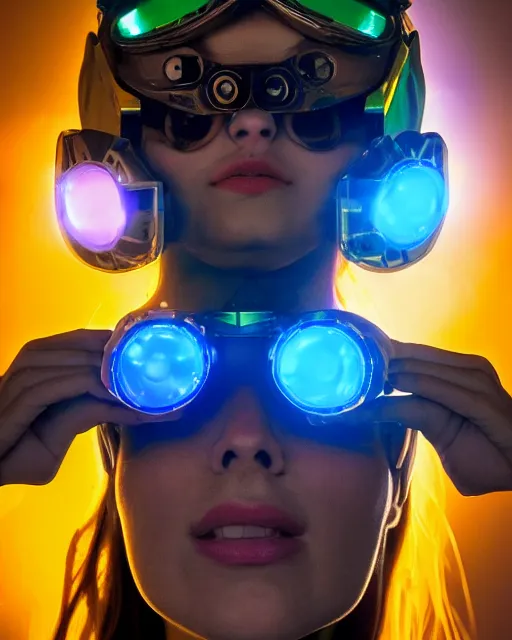 Image similar to centered portrait of soulful young sabrina salerno as a solarpunk mecha humanoid robotic parts wearing crystal goggles with bright led lights, real human face, pudica gesture bouguereau style, in white room, ultra - realistic and intricate, soft portrait shot 8 k