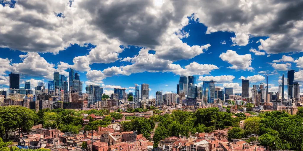 Prompt: large city, wide shot, sunny day, clouds, beautiful, national geographic, professional photography, detailed buildings, 4k, DSLR, HDR,