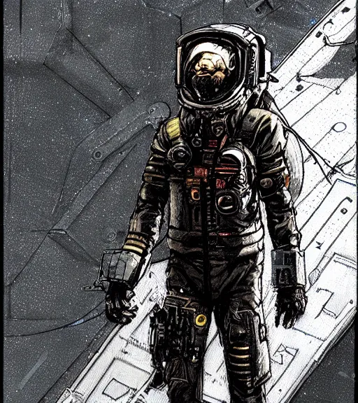 Image similar to realistic cyberpunk engineer with long limbs and a black spacesuit on a spacewalk, techwear, dead space, visible face, Industrial Scifi, detailed illustration, character portrait, by Ashley Wood and Moebius