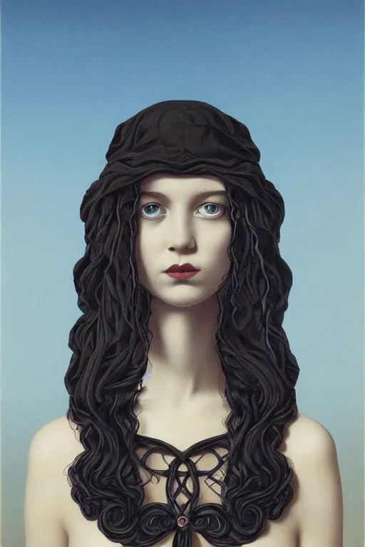 Image similar to portrait of beautiful young gothic maiden, readhead, highly detailed, artstation, illustration, art by rene magritte