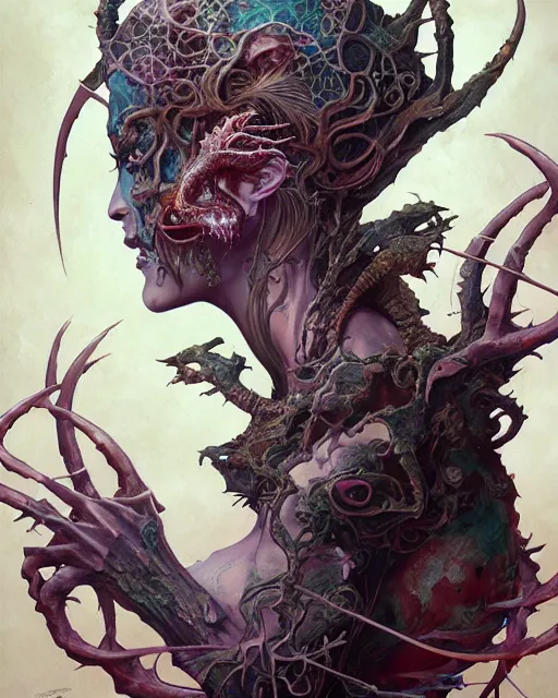 Image similar to perfectly centered portrait front view of a angry dead rotten beautiful female daemon growing ornamentation, ornate, detailed, symmetrical, elegant, beautifully soft lit, by wayne barlowe, peter mohrbacher, kelly mckernan