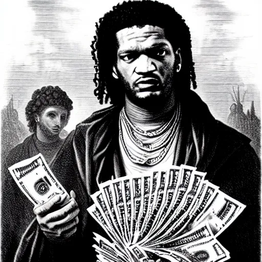 Image similar to highly accurate fredo santana rapper holding stacks of cash, biblical image, style of gustave dore, highly detailed, beautiful, high contrast, black and white