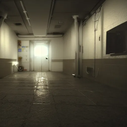 Image similar to lonely spaces of underground lab, sterile, clean, cinematic, liminal space, unreal engine, in-game screenshot