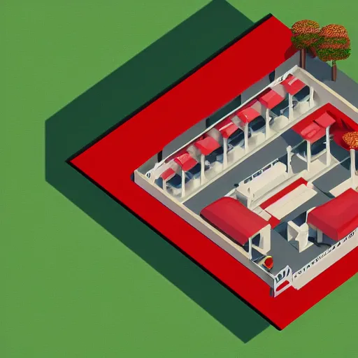 Prompt: isometric top down view of a hotel lobby, full of cherrywood and red carpet, high quality, digital art