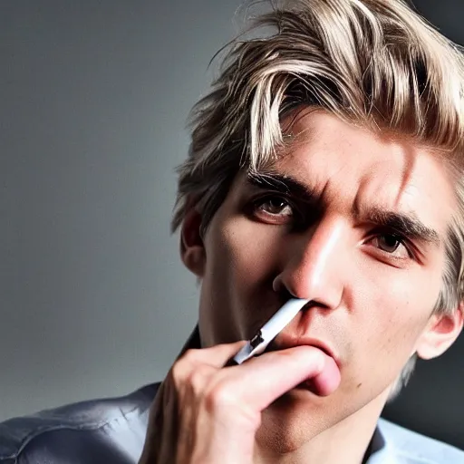 Image similar to a closeup photo of really handsome xqc smoking,