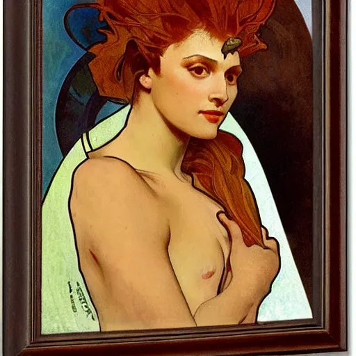 Prompt: portrait of Neytiri with tan skin and spiky short red hair by Alphonse Mucha and Grant Wood