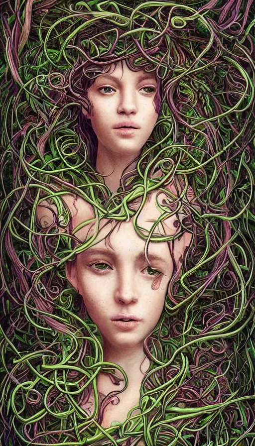 Image similar to very detailed portrait of a 2 0 years old girl surrounded by tentacles, the youg woman visage is blooming from fractal and vines, by android jones,