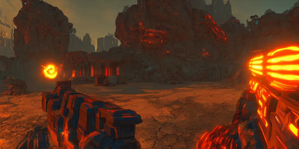 Prompt: screenshot of doom 2 for dos, videogame, neon glow, lens flare, 8 k, unreal engine