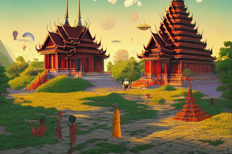 Prompt: summer morning, thai temple, rolling mountain, very coherent and colorful high contrast, art by gediminas pranckevicius, geof darrow, franz sedlacek, dark shadows, hard lighting