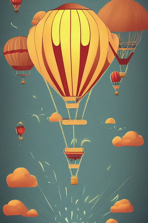 Prompt: sunrise hot - air balloon mountain water illustration vector digital art trending on artstation