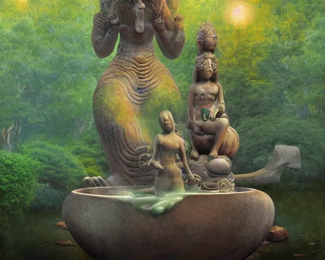 Image similar to strange weird pagan japanese garden with a gigantic statue fountain of an ancient god stretching its arms above the garden, digital art, oil painting, colorful, artstation, australian tonalism, minimalist, very clear, no blur, serene