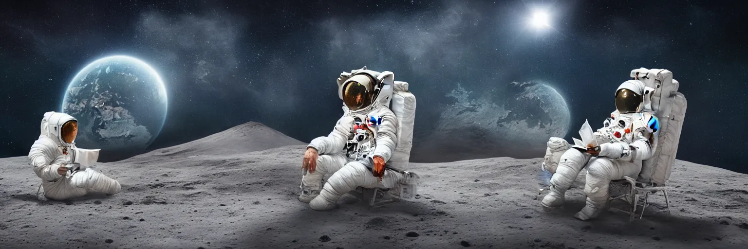 Image similar to A highly photographic render of astronaut on the Moon, sitting on a concrete bench reading a book facing planet Earth, rim lighting, cinematic lighting, octane engine, photo realistic image, 4K, super detailed, cinematic look