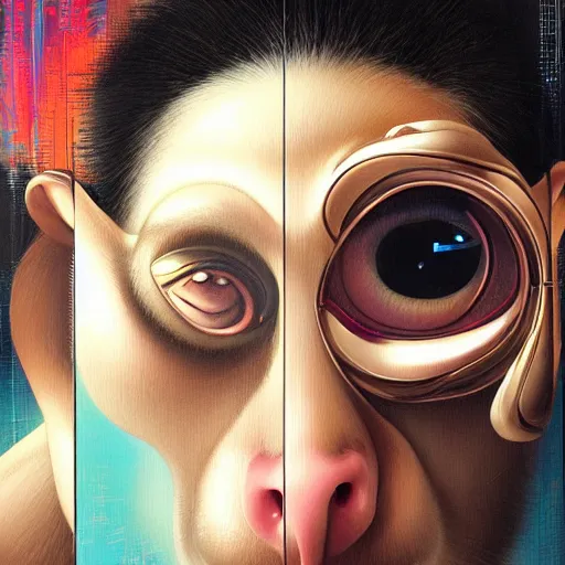 Image similar to lofi monkey in front of a mirror reflecting the expression of a human face, Pixar style by Tristan Eaton Stanley Artgerm and Tom Bagshaw, high detail