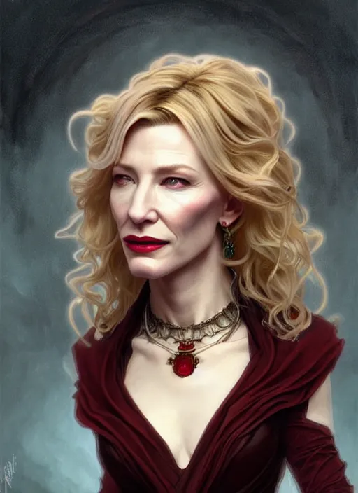 Prompt: portrait of cate blanchett as a vampire lord, jewelry, greek, ruby, intricate, headshot, highly detailed, digital painting, artstation, concept art, sharp focus, cinematic lighting, illustration, art by artgerm and greg rutkowski, alphonse mucha, cgsociety