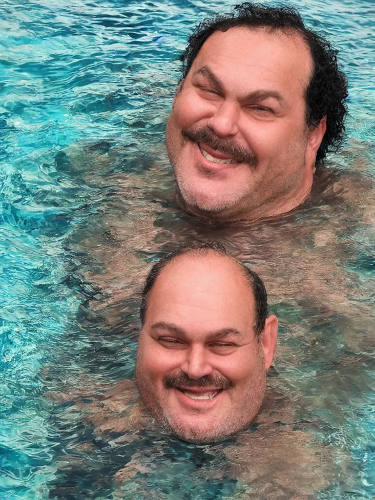 Prompt: a middle aged man, bulky build, black curly hair, receding hairline, thick dark eyebrows, big lips, smiling, small eyes, no beard, swimming at the bottom of the sea