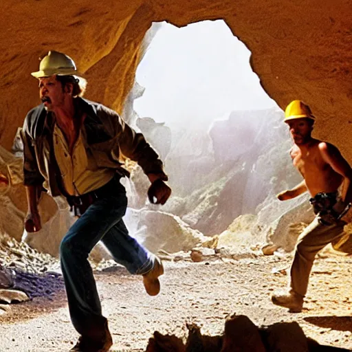 Prompt: indiana jones running away from a construction worker in a cave