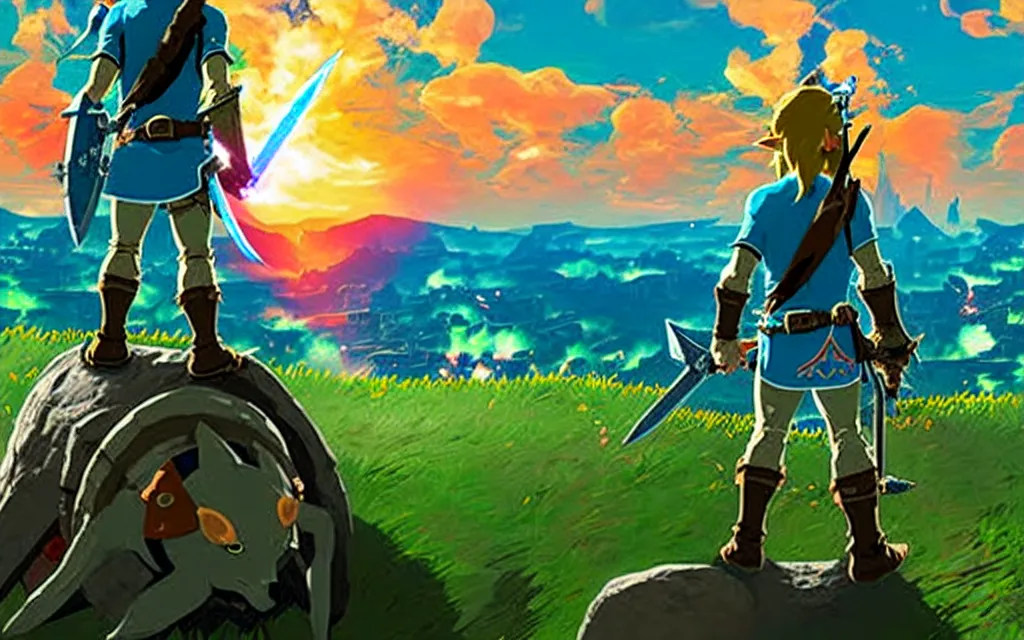 Prompt: photograph of Link from behind, from the game Breath of the Wild, with the master sword hanging across his back, watching the sunset, highly detailed