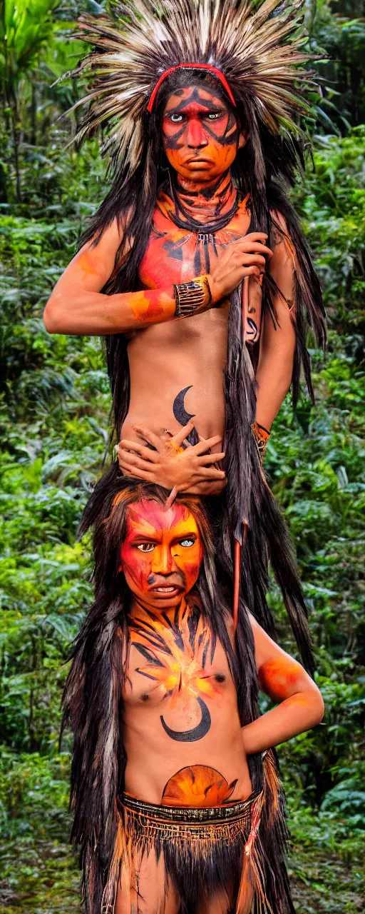 Prompt: teenager, flaming hair, indigenous body paint, Amazon indigenous ornaments, Amazon tribes clothing, Amazon rainforest background, crescent moon, night, angry, red eyebrows, action pose, holding spear, anime artstyle