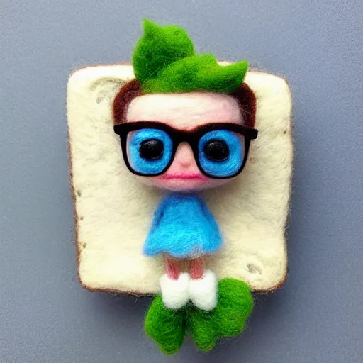 Prompt: funko pop of a bread toast wearing eyeglasses and a blue flower, needle felting art