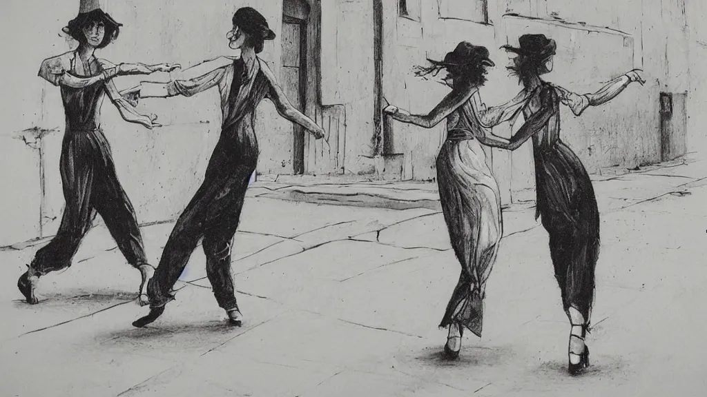 Prompt: two woman dancing on the street. lithography art