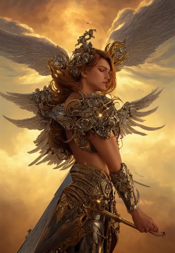 Prompt: A beautiful fierce angel with wings, wearing metal battle armor and a flaming sword, among heavenly sunlit clouds, intricate, elegant, detailed, digital painting, golden hour photography, profile shot, trending on artstation, concept art, smooth, sharp focus, illustration, art by artgerm and Greg Rutkowski and Alphonse Mucha