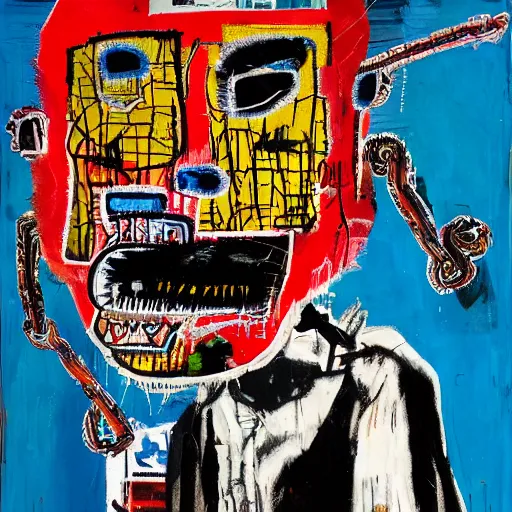 Image similar to mad dog on a chain, collage, acrylic on canvas, expressionism movement, breathtaking detailed, basquiat mixed with blake neubert