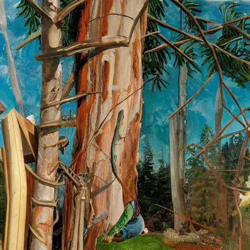 Image similar to high quality high detail painting by lucian freud and jenny saville, hd, cutting a redwood tree, turquoise