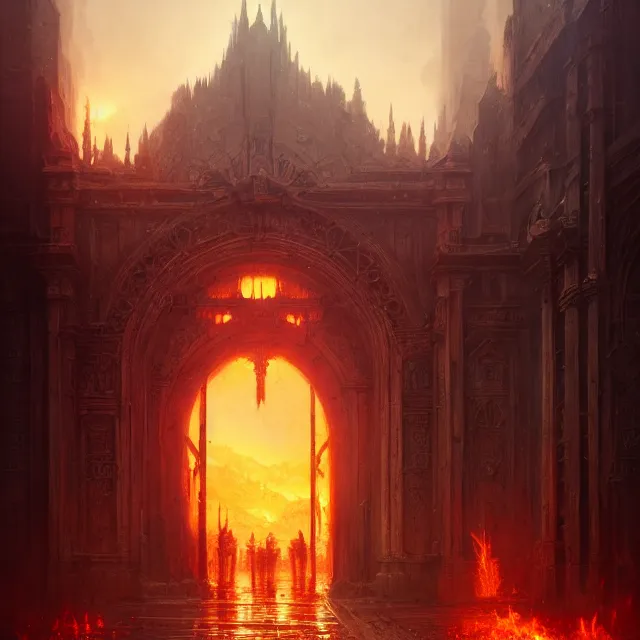 Image similar to huge gate, environment, illustration, fire, smoky, colors, epic scene, fantasy art by greg rutkowski, symmetrical, golden raito, high quality, intricate details, details, intricate, atmosphere, highly detailed, matte painting, cinematic, deviantart, realistic, concept art, 4 k