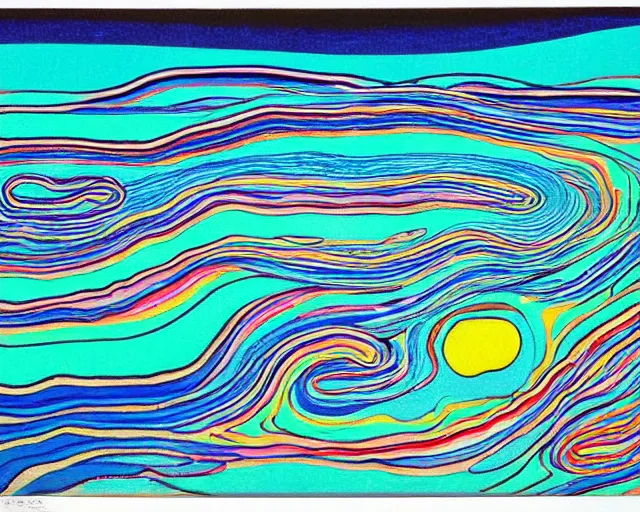 Image similar to Ocean waves in a psychedelic dream world. DMT. Curving rivers. Craggy mountains. Modernist landscape painting. Edvard Munch. David Hockney. Takashi Murakami. Minimalist.