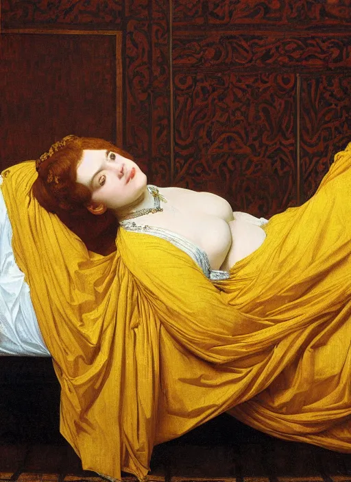 Prompt: masterpiece portrait of lady reclining on bed flowing sheets wearing yellow ochre ornate medieval dress, vertical, foreshortening, colour photography by frederic leighton, william morris, 8 k