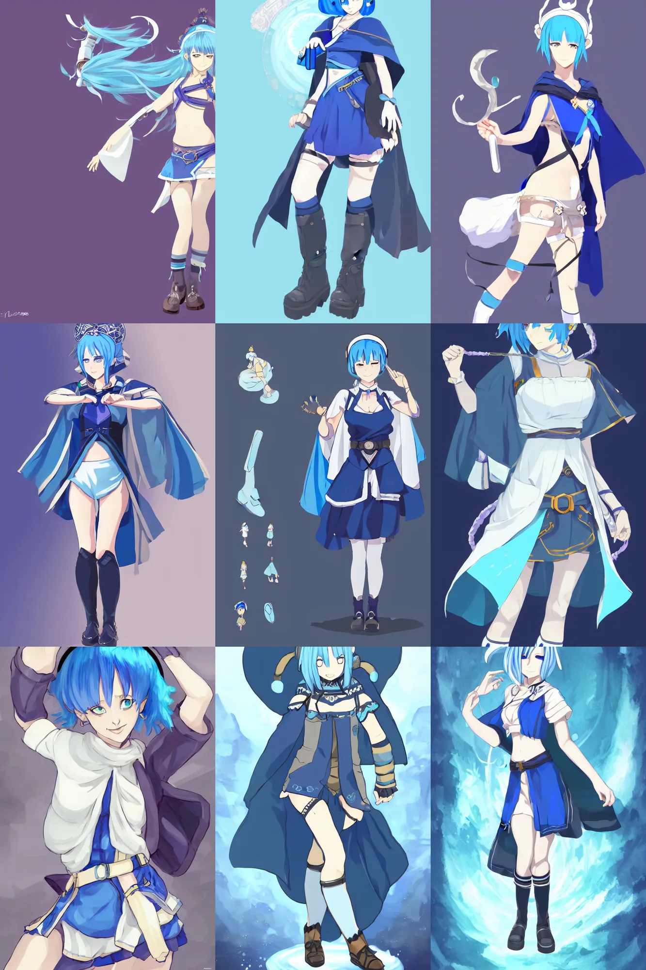 Prompt: a blue-haired traveller, alchemist girl, short hair, wearing a headband, short pale tunic and white stockings, high boots, azure cape, anime character; full body art, in the Japanese fantasy videogame; character concept art; trending on artstation, highly detailed, clean lineart, vector line art, clean, by Ilya kuvshinnikov, black background