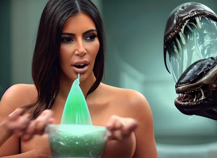 Prompt: film still of kim kardashian ingesting alien goo from the mouth of an xenomorph, transparent goo, transparent liquid, saliva, 8 k