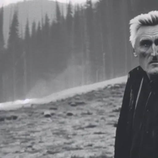 Prompt: Film still of Dennis Hopper in Twin Peaks (1990), evil spirit in the Black Lodge from Twin Peaks (1990 tv series), eerie photography, lynchian