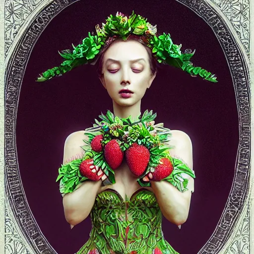 Image similar to the portrait of an absurdly beautiful, graceful, elegant, sophisticated, chaste woman made of strawberries and green petals looking up, an ultrafine hyperdetailed illustration by kim jung gi, irakli nadar, intricate linework, bright colors, octopath traveler, final fantasy, unreal engine 5 highly rendered, global illumination, radiant light, detailed and intricate environment