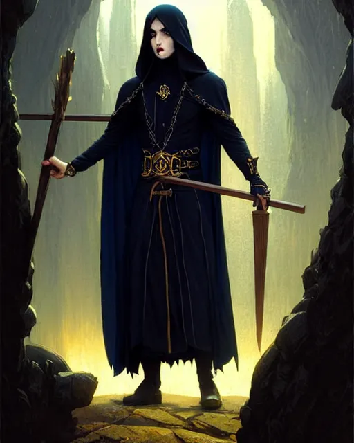 Image similar to handsome mage holding a tall stave, long black hair wearing gothic navy cloak with gold details, cave town, fantasy character portrait, ultra realistic, movie key visual, concept art, intricate details, highly detailed by greg rutkowski, ilya kuvshinov, gaston bussiere, craig mullins, simon bisley